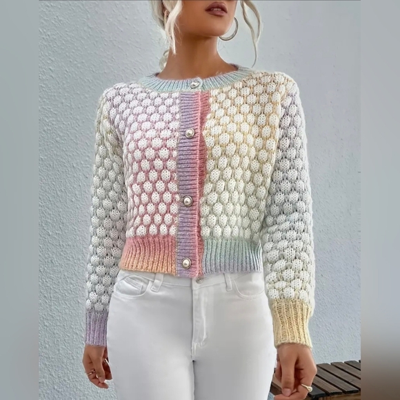 Color Block Ombre Button Front Cardigans, Casual Crew Neck Long Sleeve - Picture 1 of 5